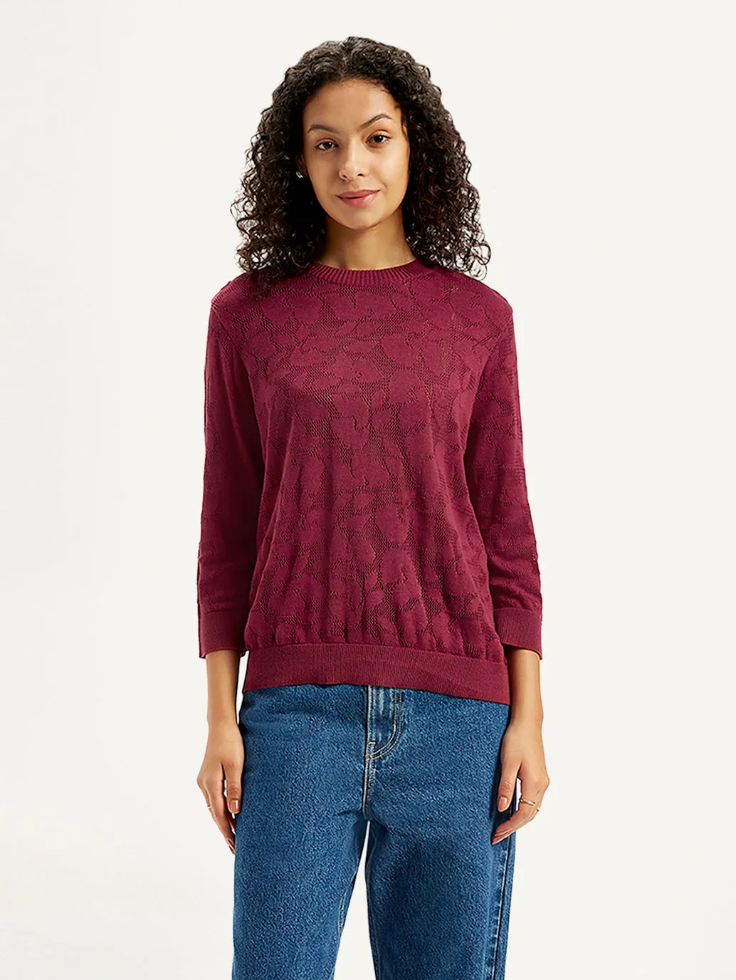 NonIrritating Seams SeamFree Technology Women's Self Design Maroon Crew Neck Sweater
