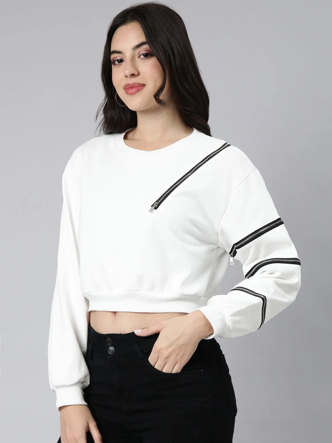 Women's White Round Neck Long Sleeves Zip Detail Cotton Crop Pullover Sweatshirt Errand Ready