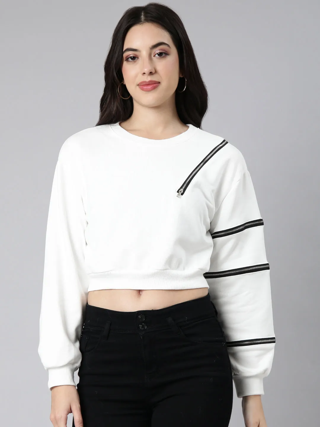 Women's White Round Neck Long Sleeves Zip Detail Cotton Crop Pullover Sweatshirt All Season Comfortable Hoodie