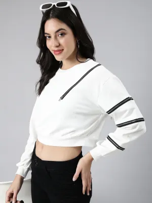 Women's White Round Neck Long Sleeves Zip Detail Cotton Crop Pullover Sweatshirt Layered Comfort