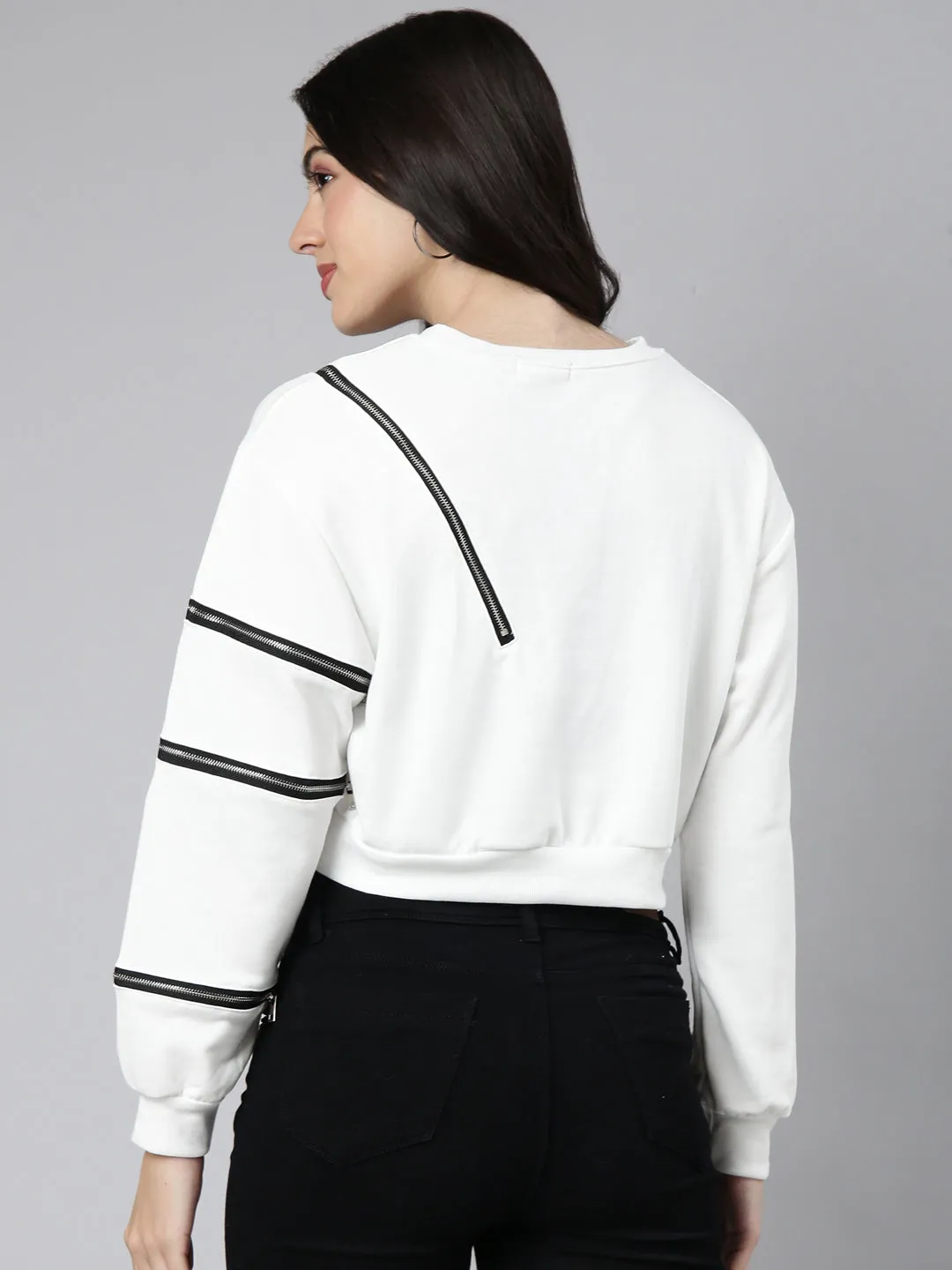 Festival Fashion Indoor Wear Women's White Round Neck Long Sleeves Zip Detail Cotton Crop Pullover Sweatshirt