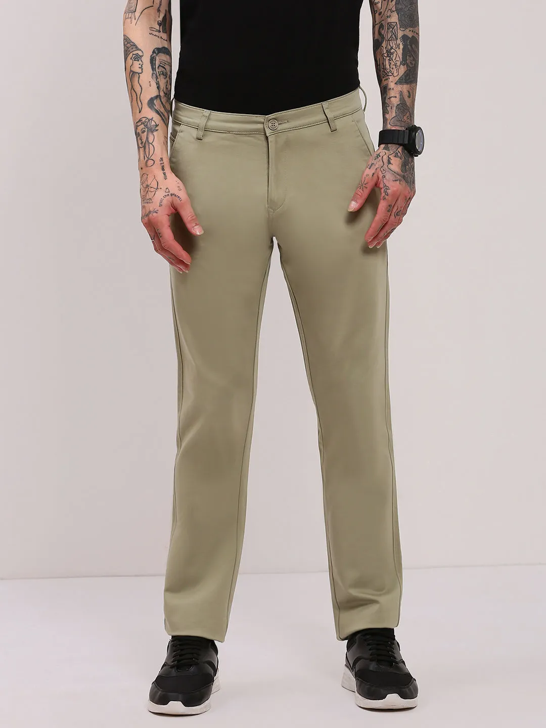 Lined interior Men's Green Solid Mid-Rise Cotton Trousers