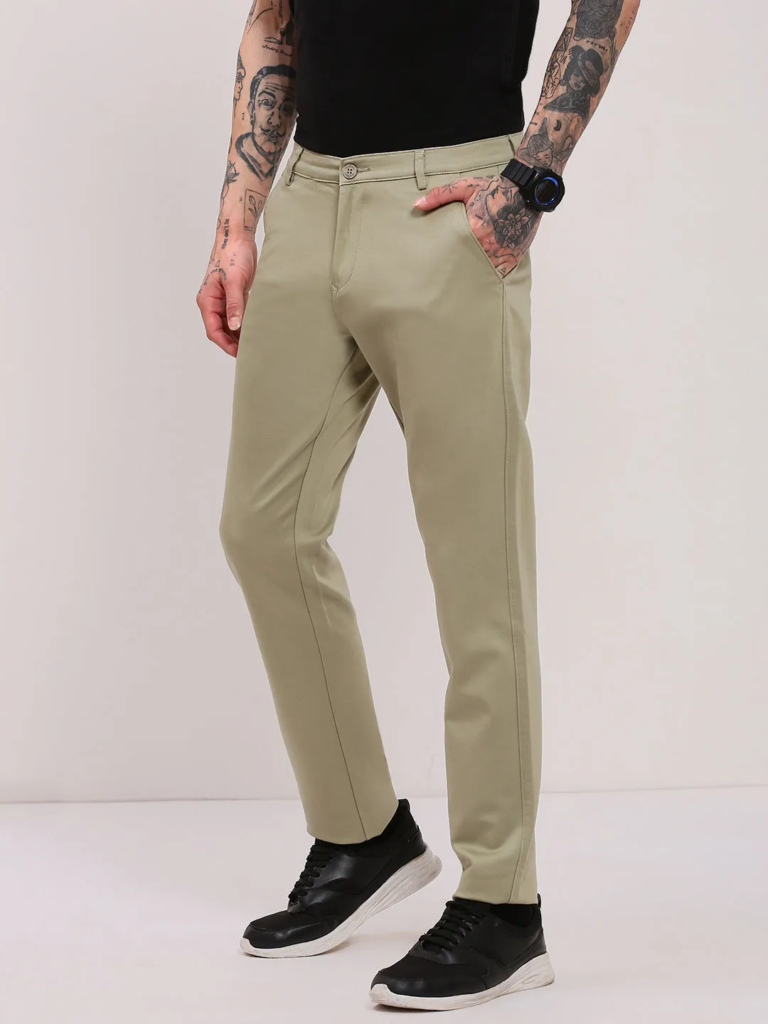 Customizable length Men's Green Solid Mid-Rise Cotton Trousers