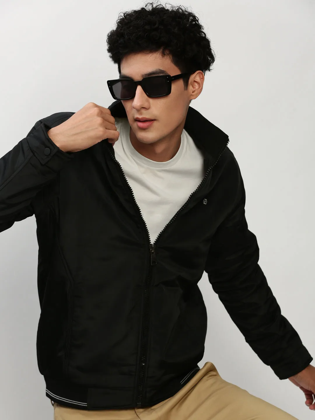 Men's Black Mock Collar Bomber Jacket AntiSnag Lining Material