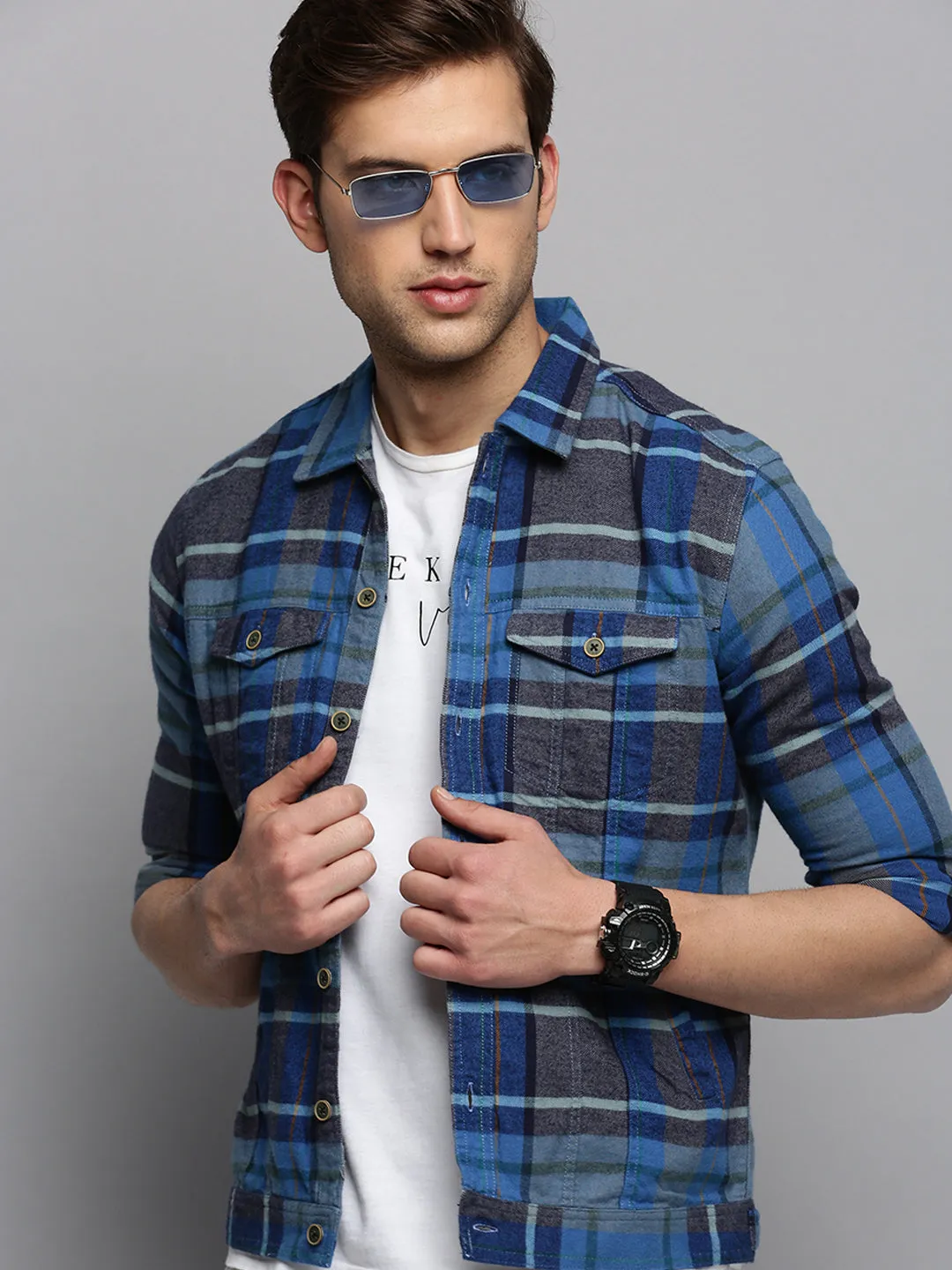 Men's Blue Checked Casual Shacket Holiday Trend Heather Texture Finish