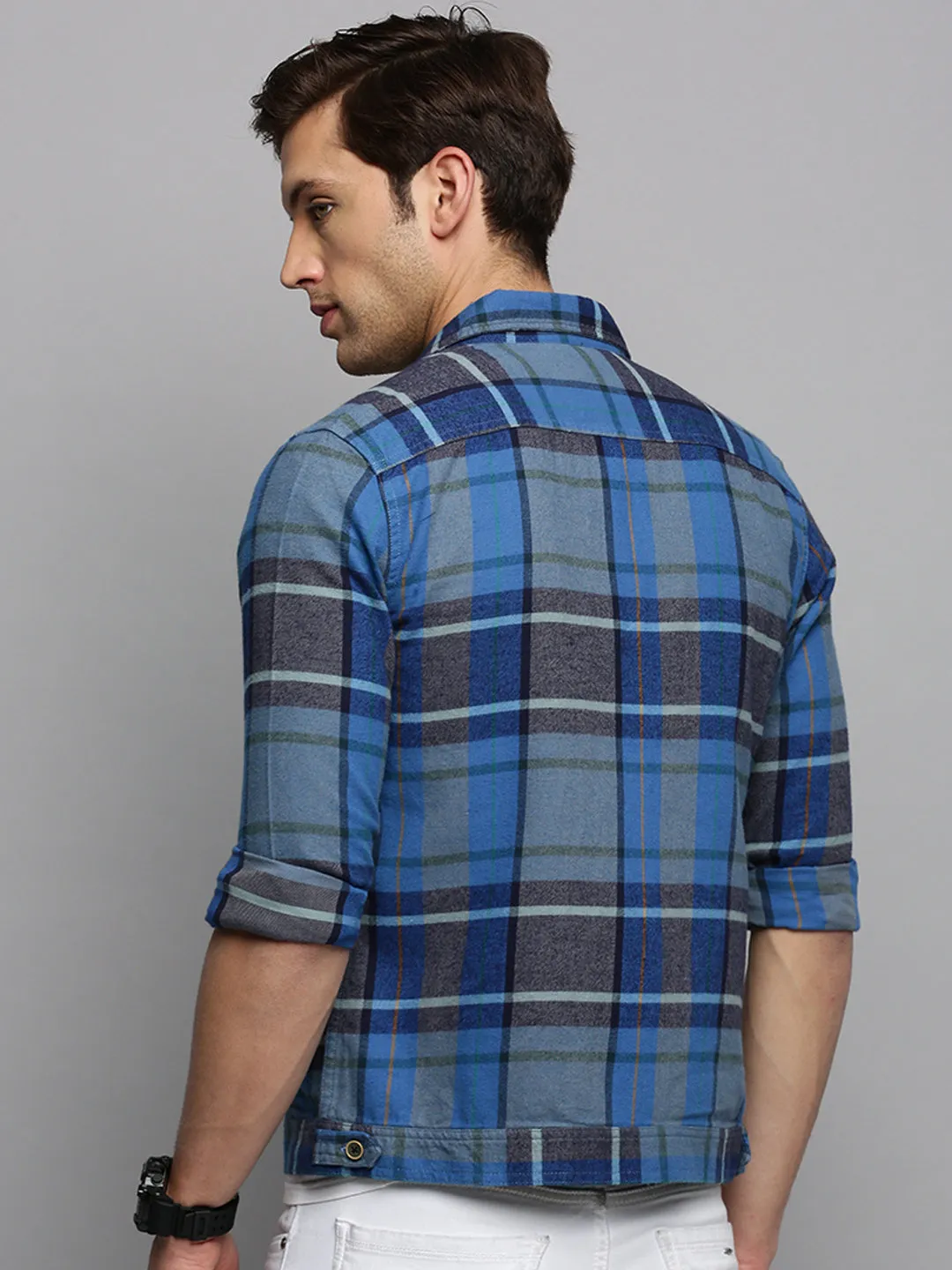 easygoing look Stretchable Armholes Men's Blue Checked Casual Shacket