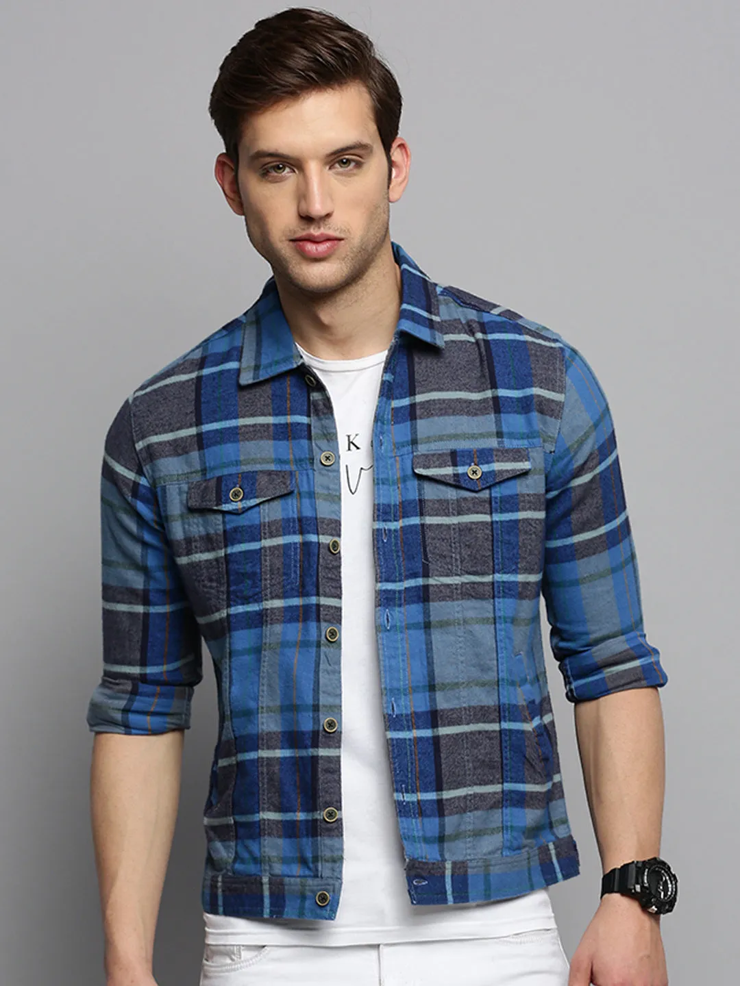 Versatile Wear Comfy Layer Wear Men's Blue Checked Casual Shacket