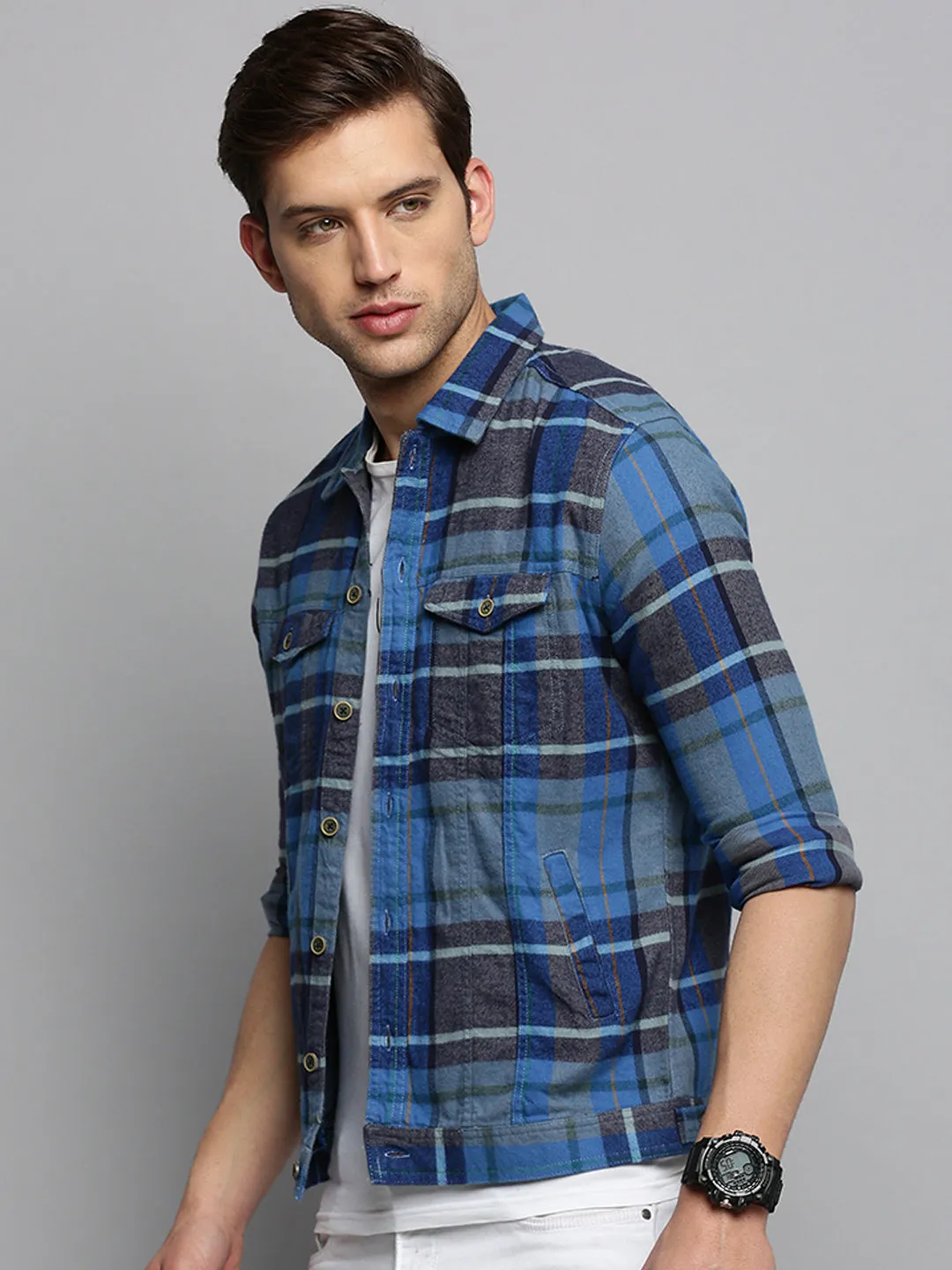 FadeResistant Coating Men's Blue Checked Casual Shacket