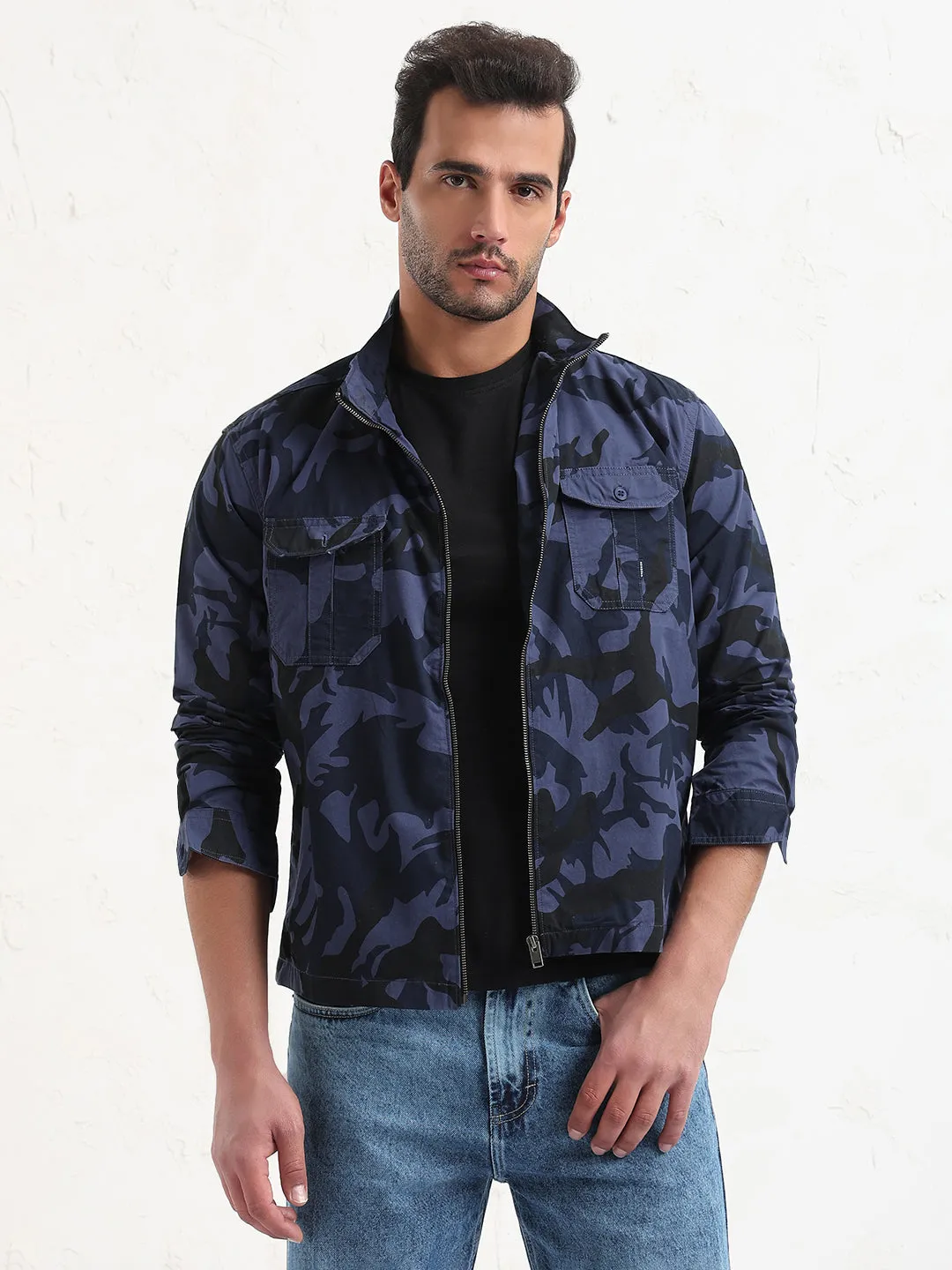 Functional Fashion Men's Navy Blue Camouflage Slim Fit Shacket