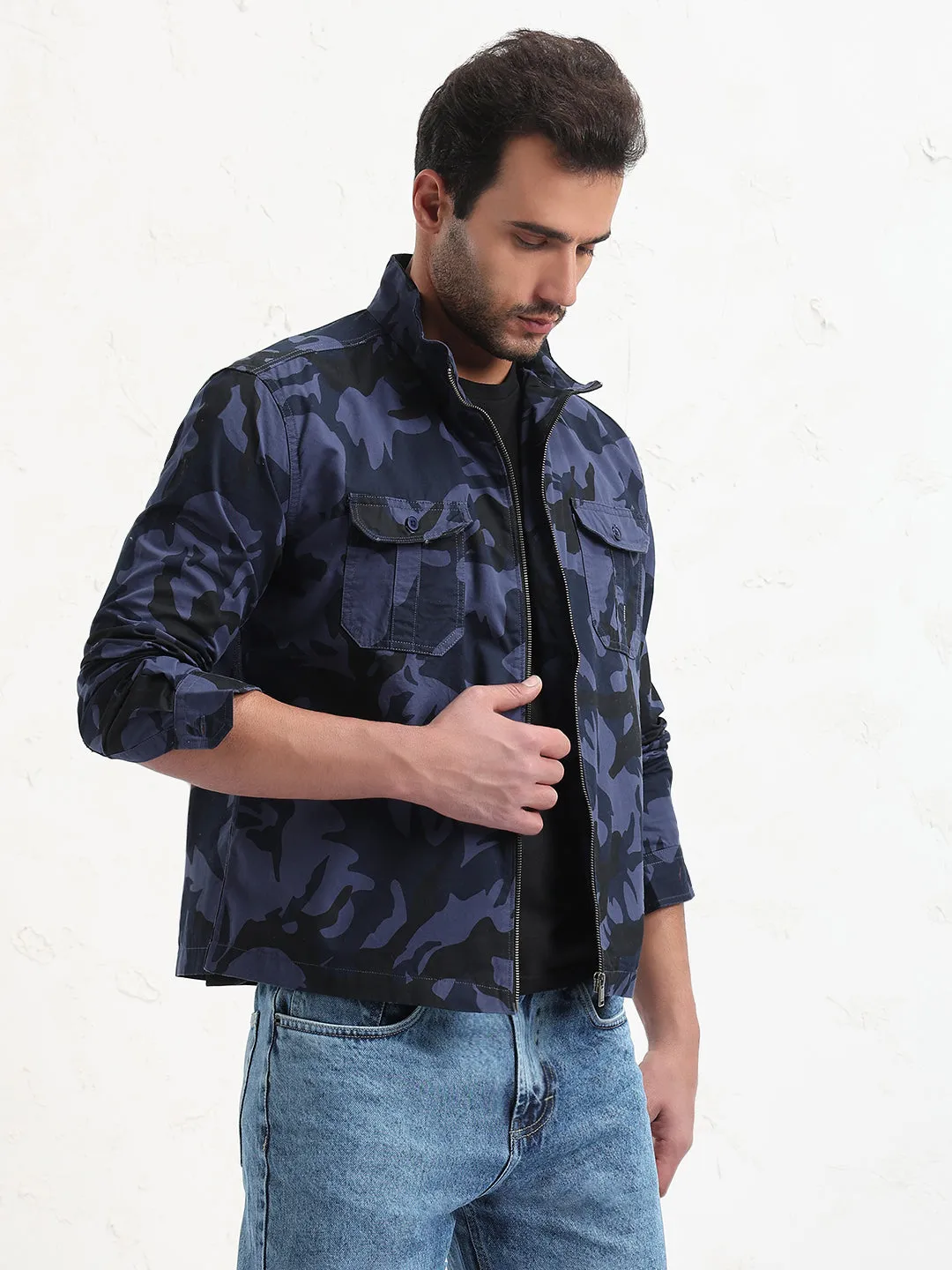 Men's Navy Blue Camouflage Slim Fit Shacket Animal Print