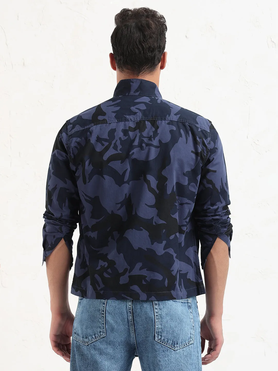 Gym workout Brushed Interior Lining Men's Navy Blue Camouflage Slim Fit Shacket