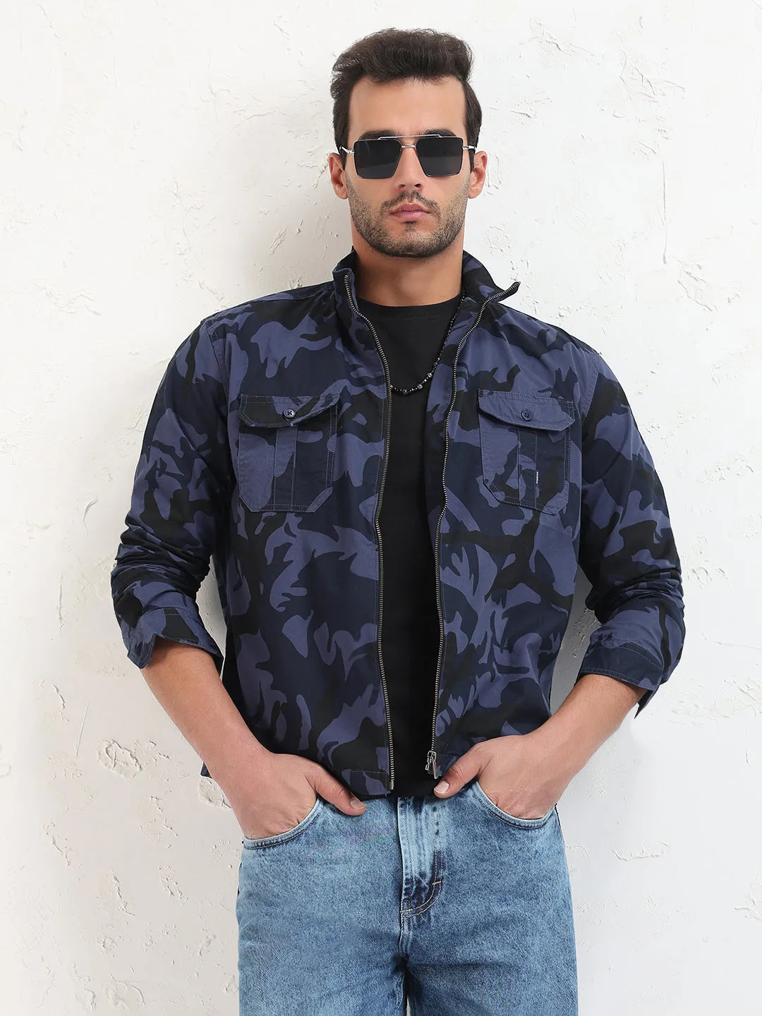 Men's Navy Blue Camouflage Slim Fit Shacket Relaxed Wearable