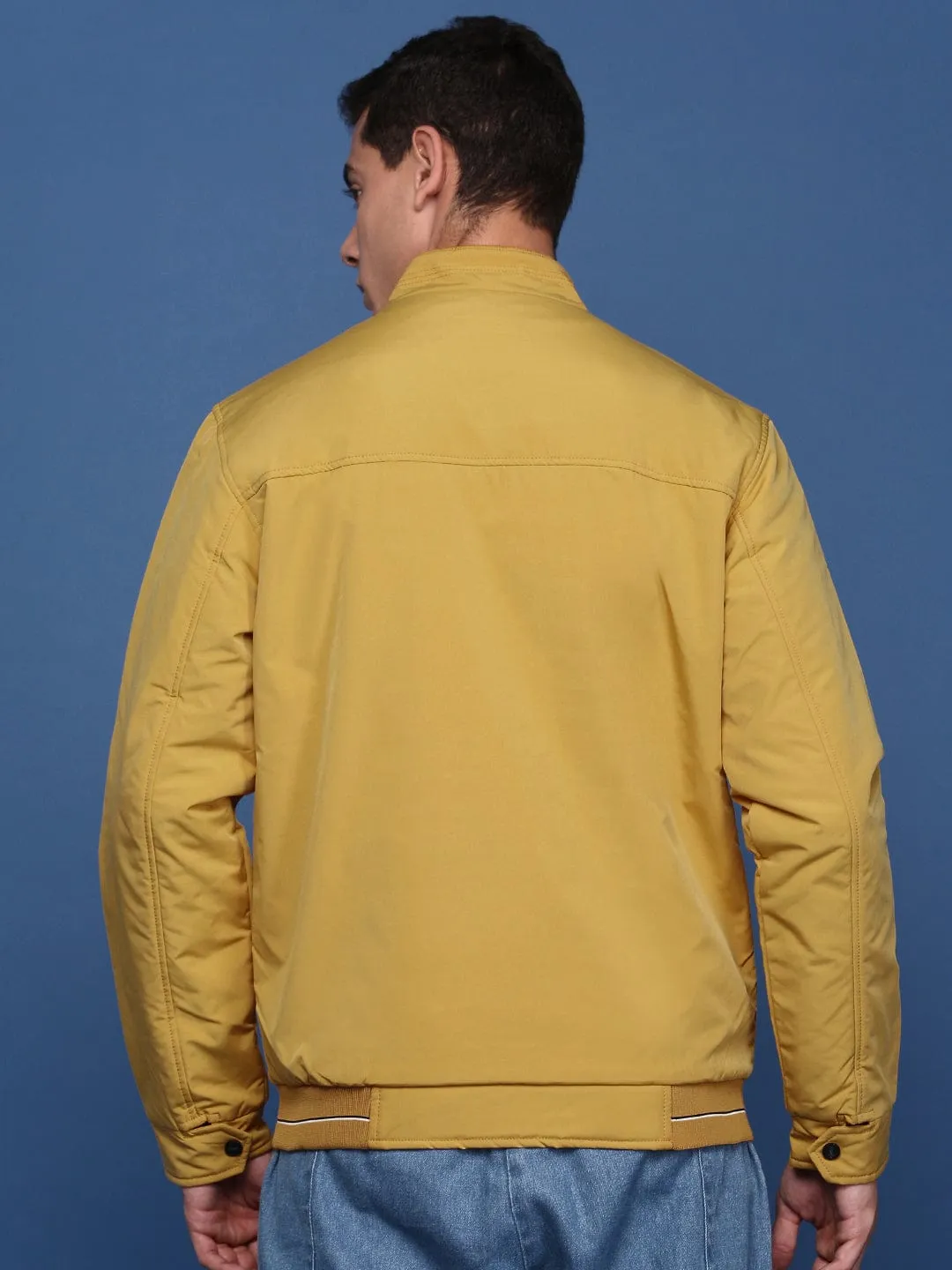 Breathable Outer Shell Men's Yellow Windcheater Mock Collar Solid Yellow Bomber Jacket