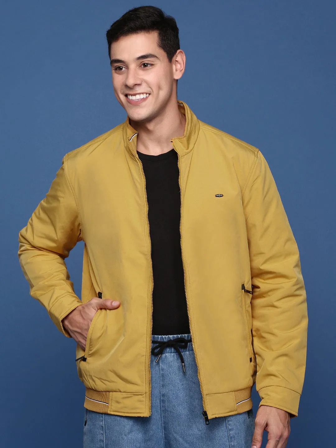 Men's Yellow Windcheater Mock Collar Solid Yellow Bomber Jacket Weekend Chill Style