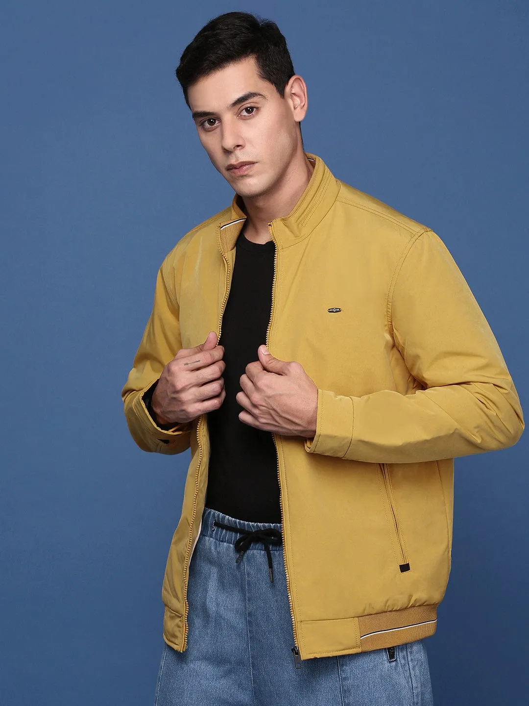 Softshell Material Men's Yellow Windcheater Mock Collar Solid Yellow Bomber Jacket