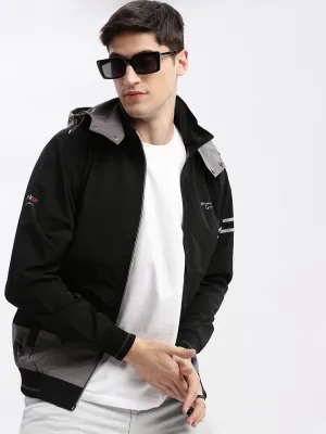 Double Stitched Seams ExpandableSideGussets Men's Colourblocked Mock Collar Black Bomber Jacket Comes with Detachable Hoodie