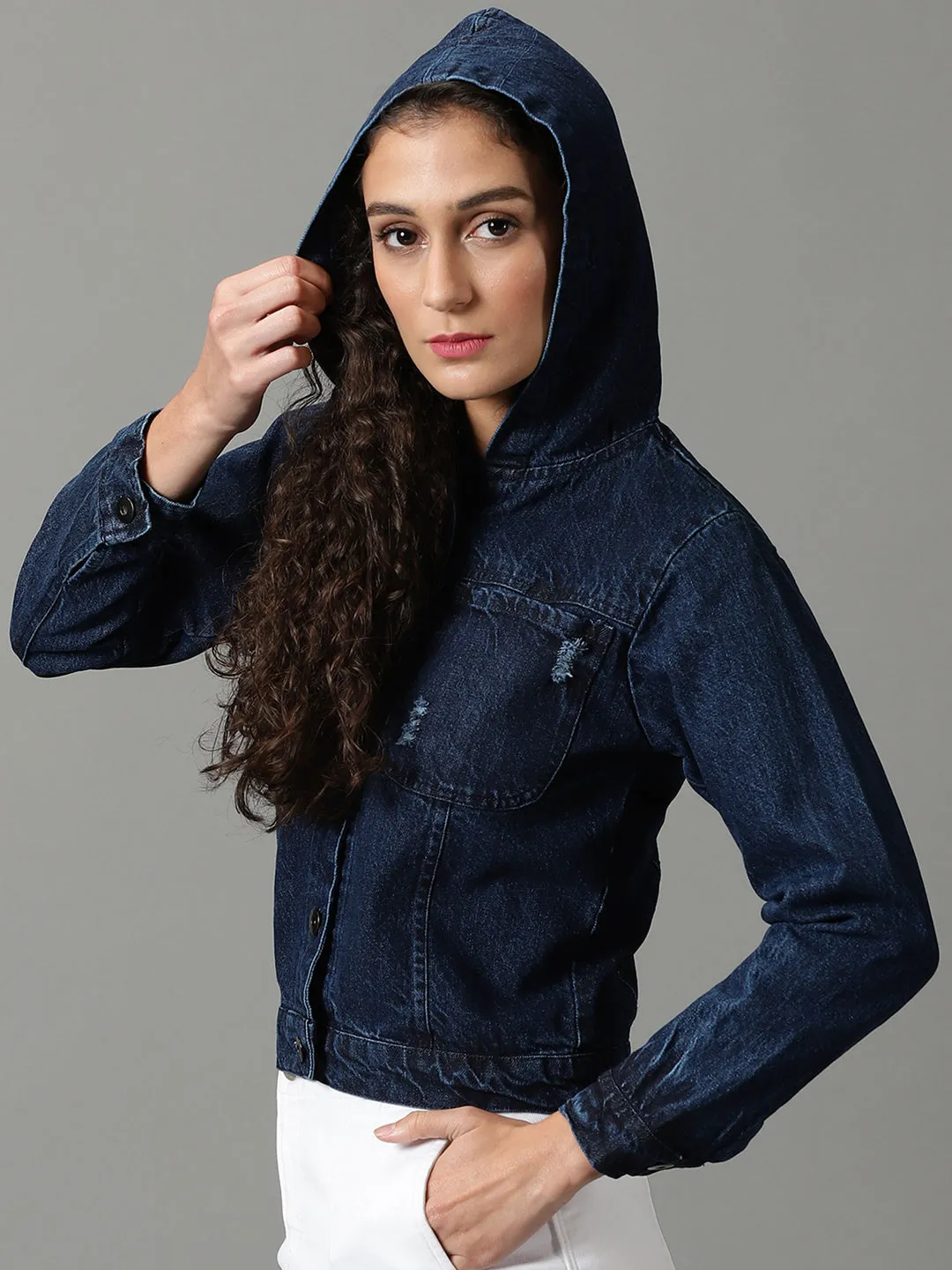 Women's Navy Blue Washed Crop Denim Jacket Airtight Seam Sealing
