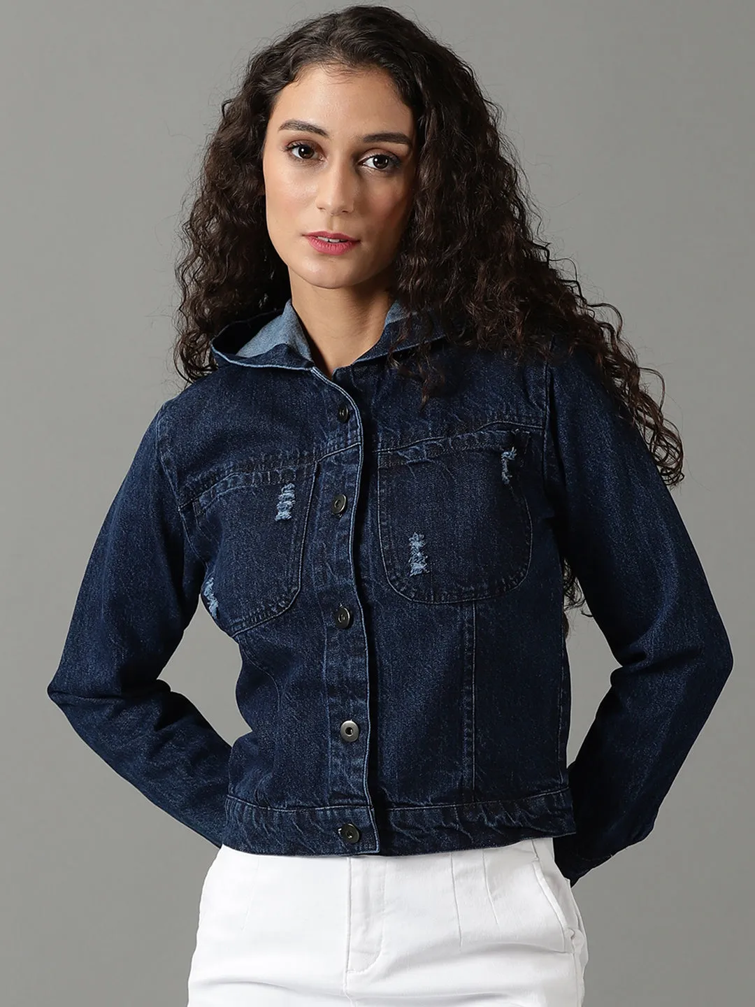 Women's Navy Blue Washed Crop Denim Jacket Anti Slip Cuffs