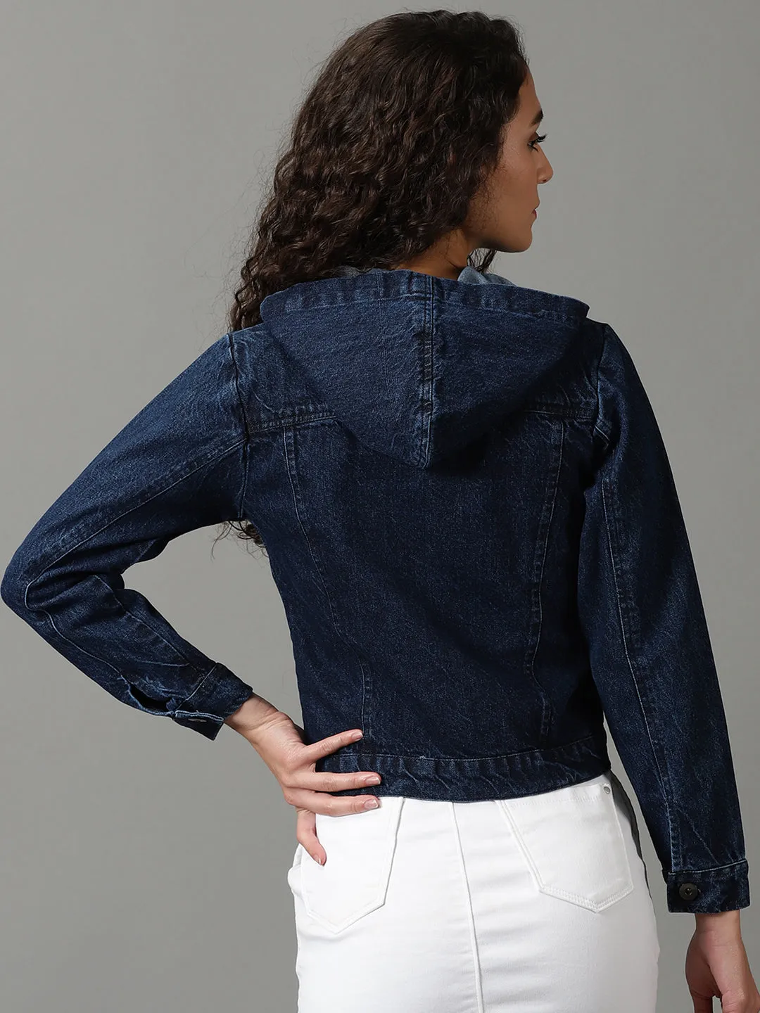 Women's Navy Blue Washed Crop Denim Jacket Recycled Polyester Flexible Fiber Fill