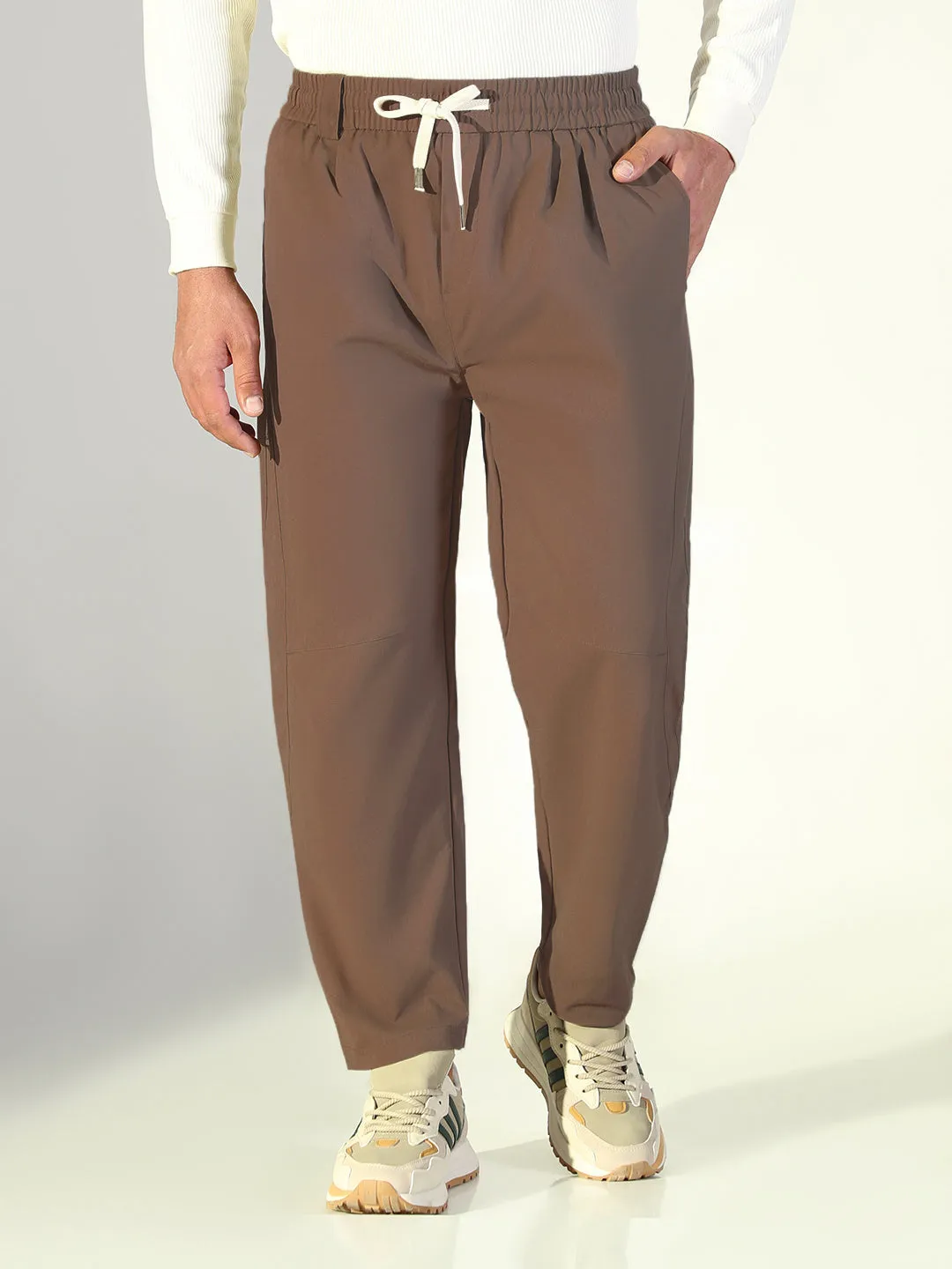 Men's Brown Relaxed Fit Korean Trouser ElasticCuffs Layering Comfort