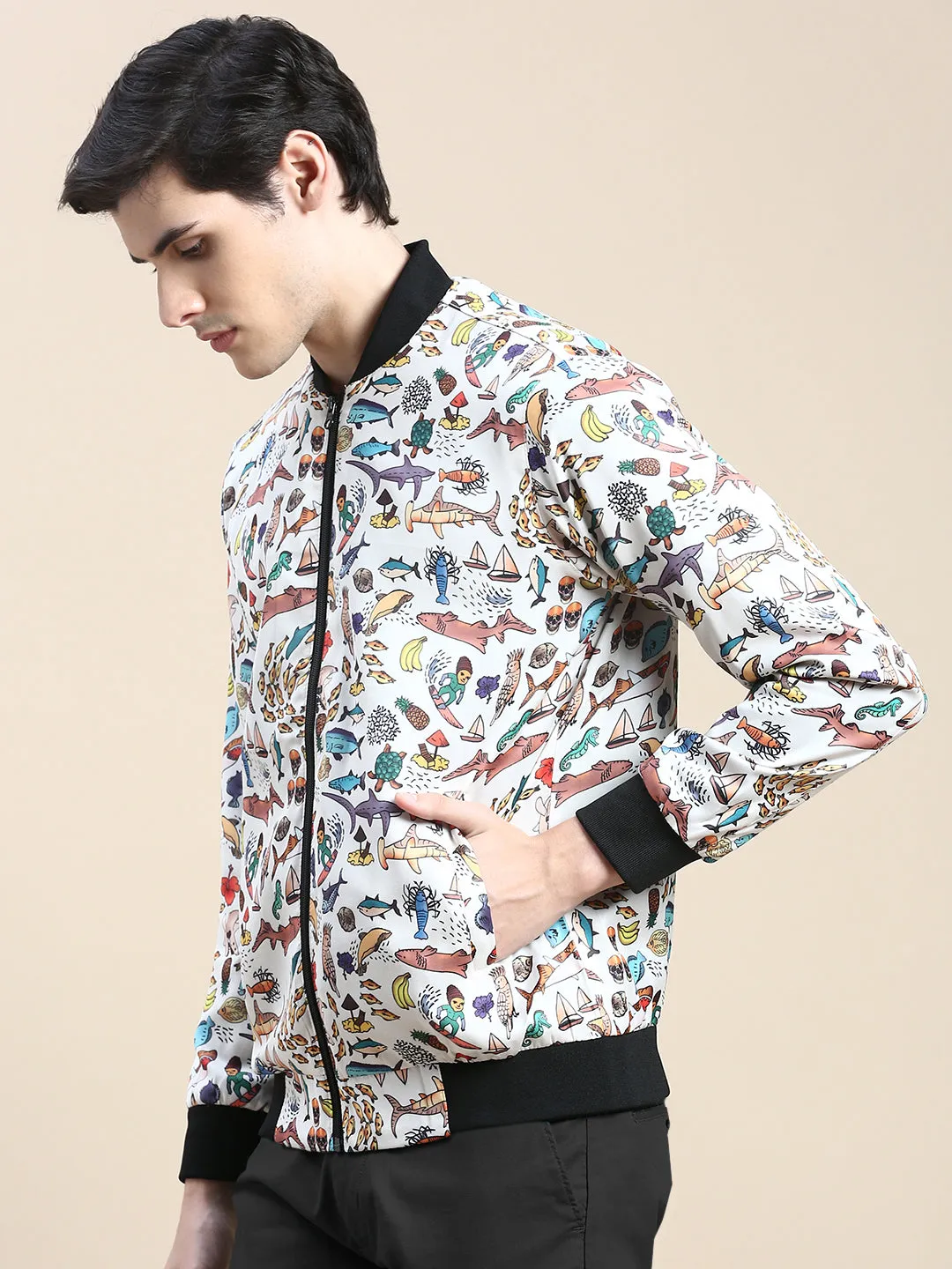 Men's Cream Conversational Printed Bomber Jacket CompactFoldable