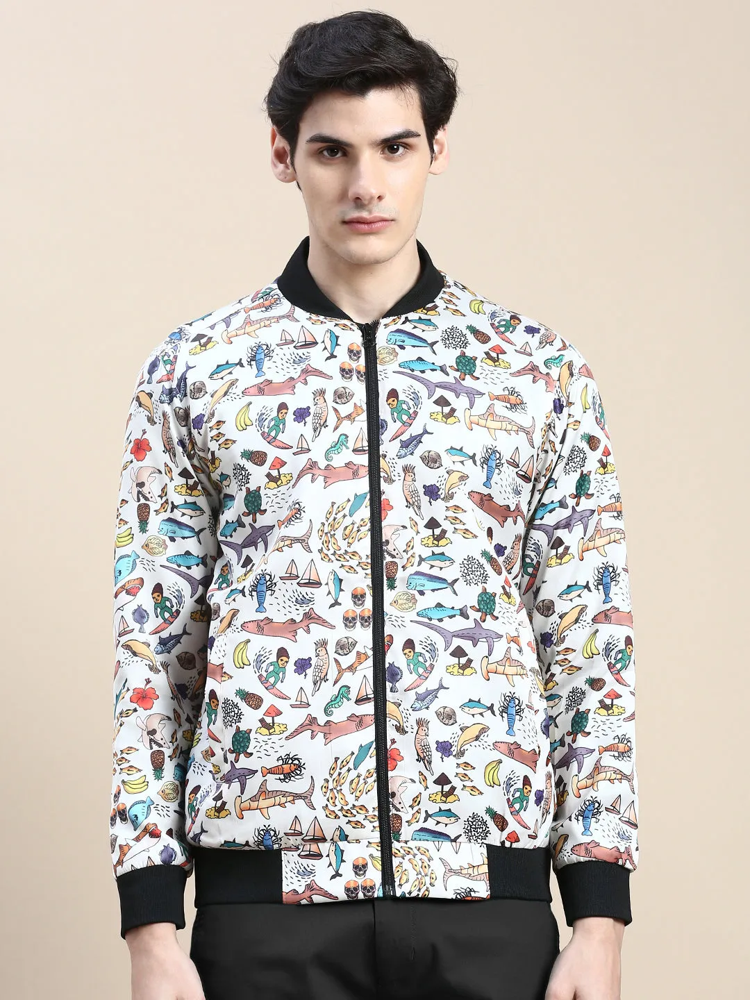 Laser Cut Airflow Vents Quick drying material Men's Cream Conversational Printed Bomber Jacket