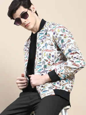 Long Sleeves Men's Cream Conversational Printed Bomber Jacket