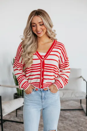 Scottie Striped Cardigan - Cherry Mix Stretch Ribbing