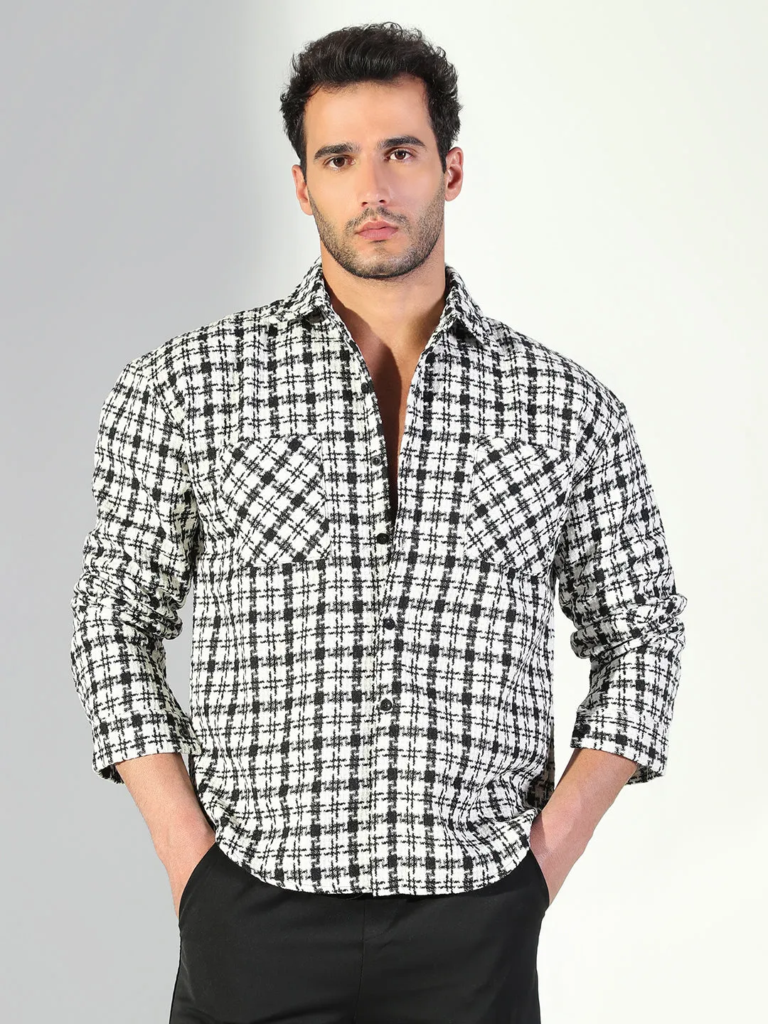 Easy Care Material No Shrink Technology Men's Textured Checked Black Shacket