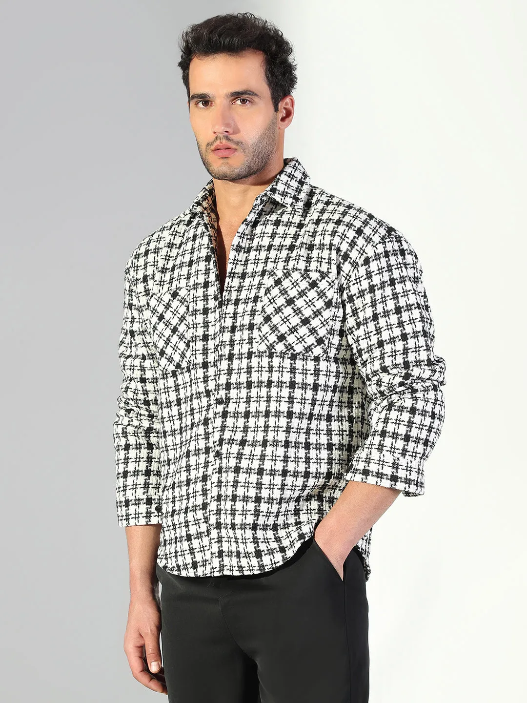 Stretchable Fabric Men's Textured Checked Black Shacket