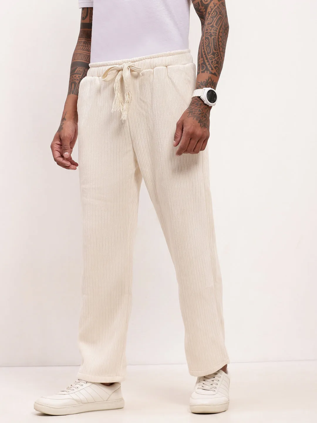 Men's Cream Solid Straight Fit Trousers Athletic Fit