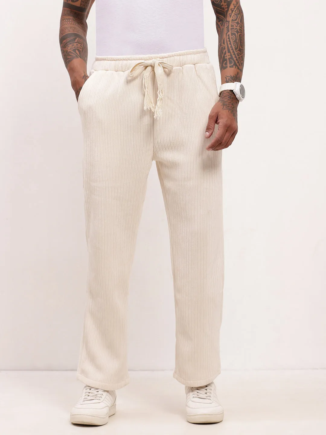 Men's Cream Solid Straight Fit Trousers Quick Flex Comfortable Design