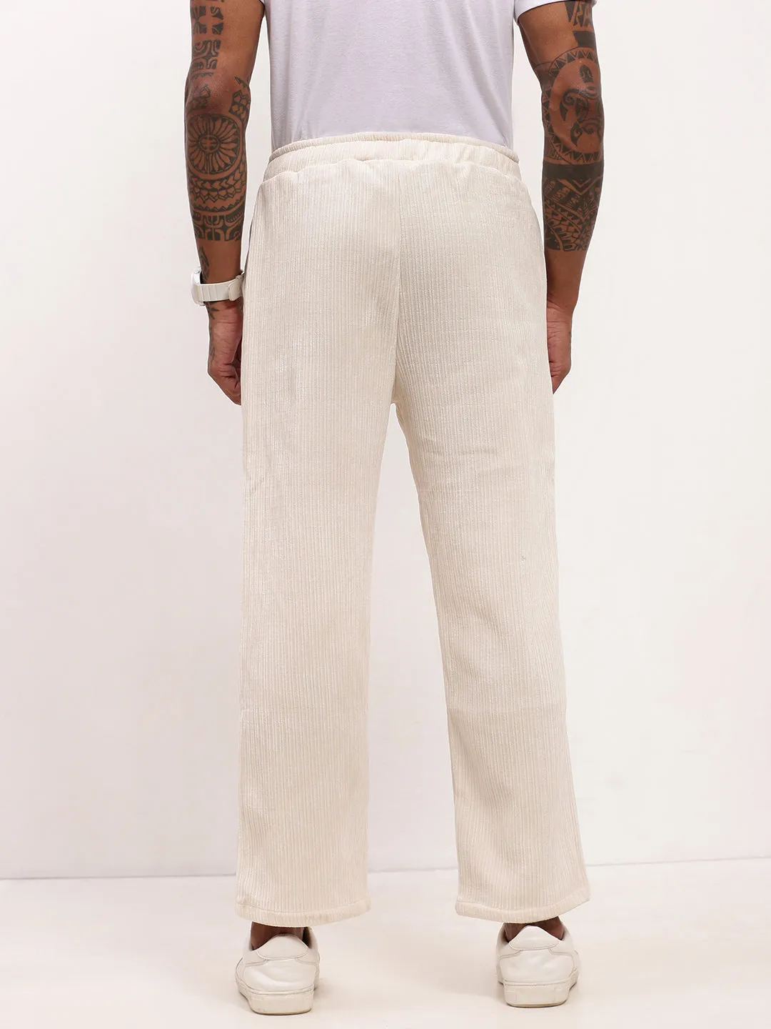 Men's Cream Solid Straight Fit Trousers Non Irritating Seams