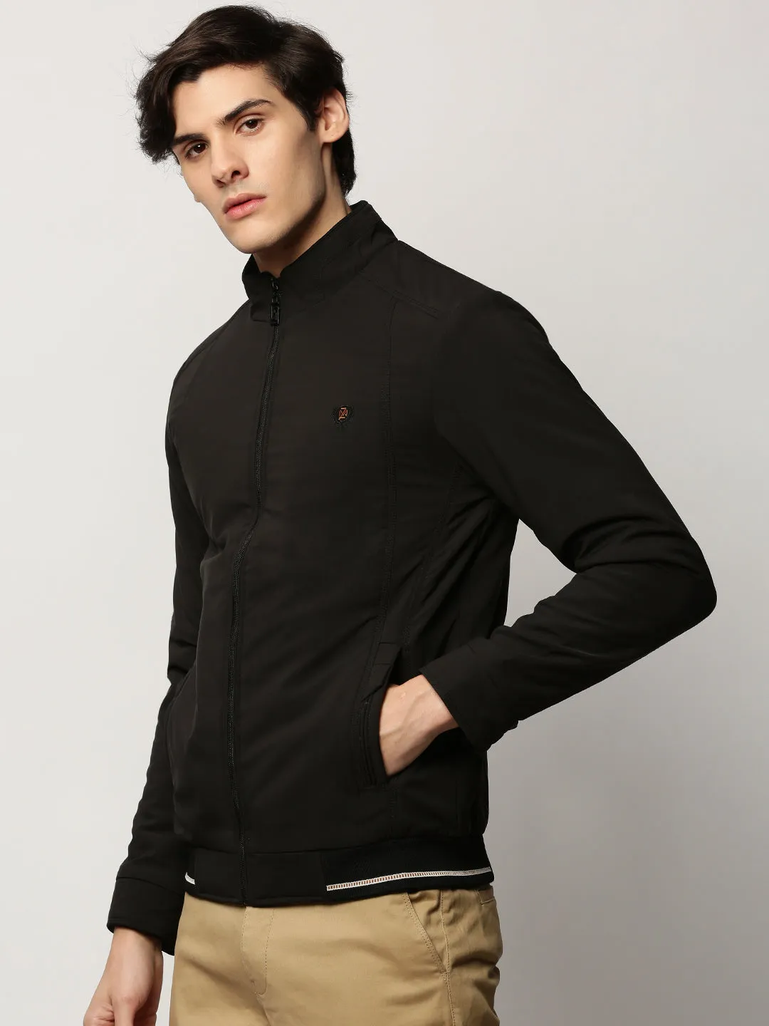 Fleece Lined Men's Black Mock Collar Bomber Jacket