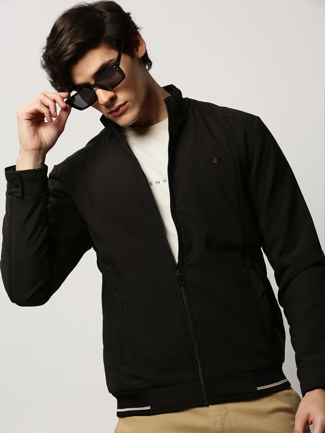 Men's Black Mock Collar Bomber Jacket FoldableStructure
