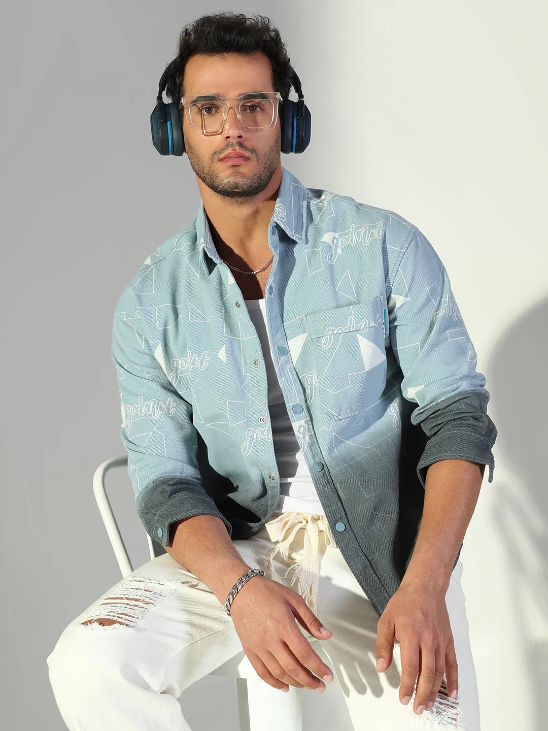 Men's Geometric Printed Blue Shacket Comfy Wardrobe