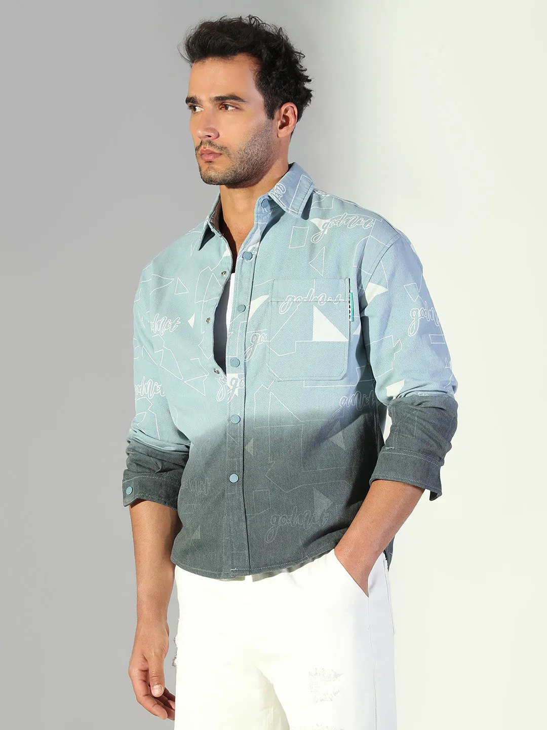 EcoFriendlyMaterial Modern Twist Men's Geometric Printed Blue Shacket