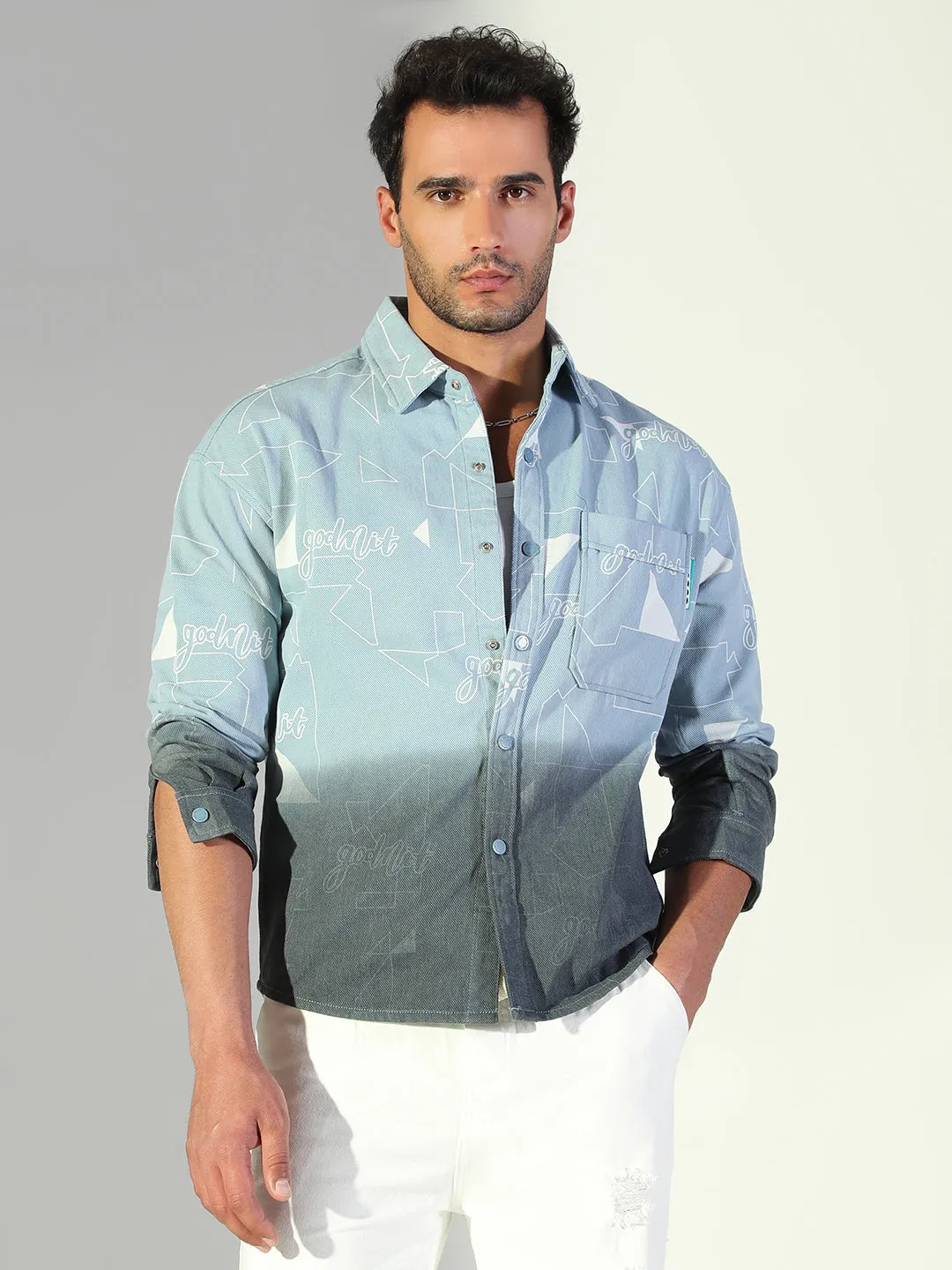 Men's Geometric Printed Blue Shacket Casual Day Wear