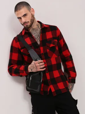 Men's Red Checked Casual Shacket Quick Dry Technology