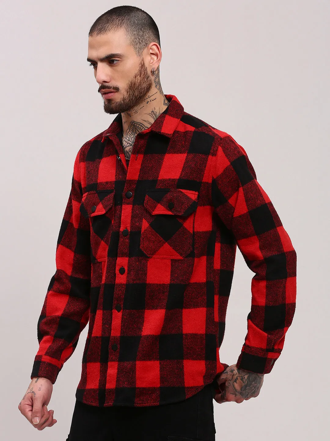 Men's Red Checked Casual Shacket Classic Style Trend