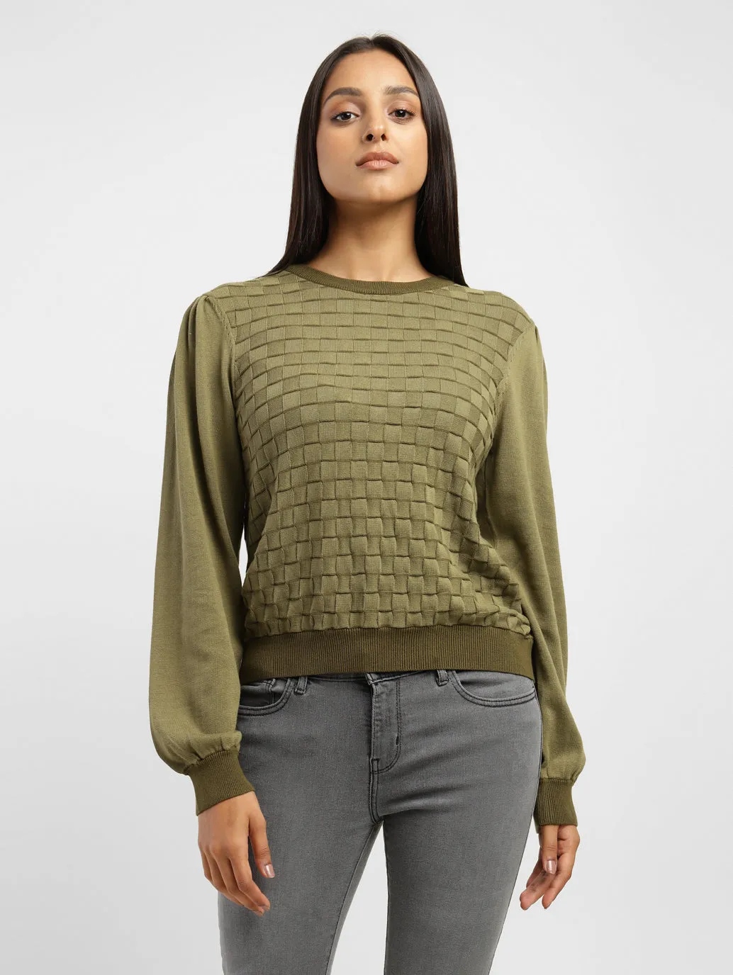 Women's Textured Round Neck Sweater Ventilated Panels