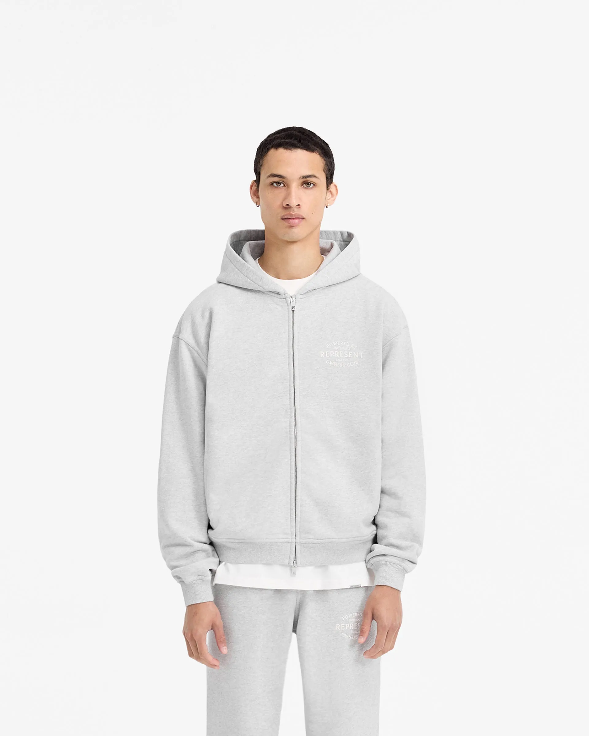 Geometric Print Represent Owners Club Stamp Zip Up Hoodie - Ash Grey