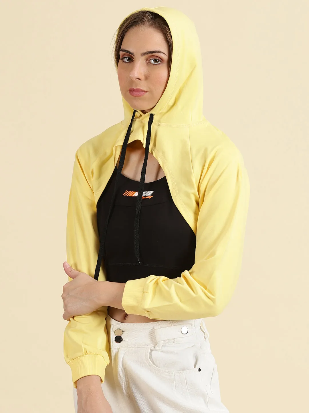 Women's Yellow Hooded Neck Cotton Sweatshirt Fashionable Hoodie