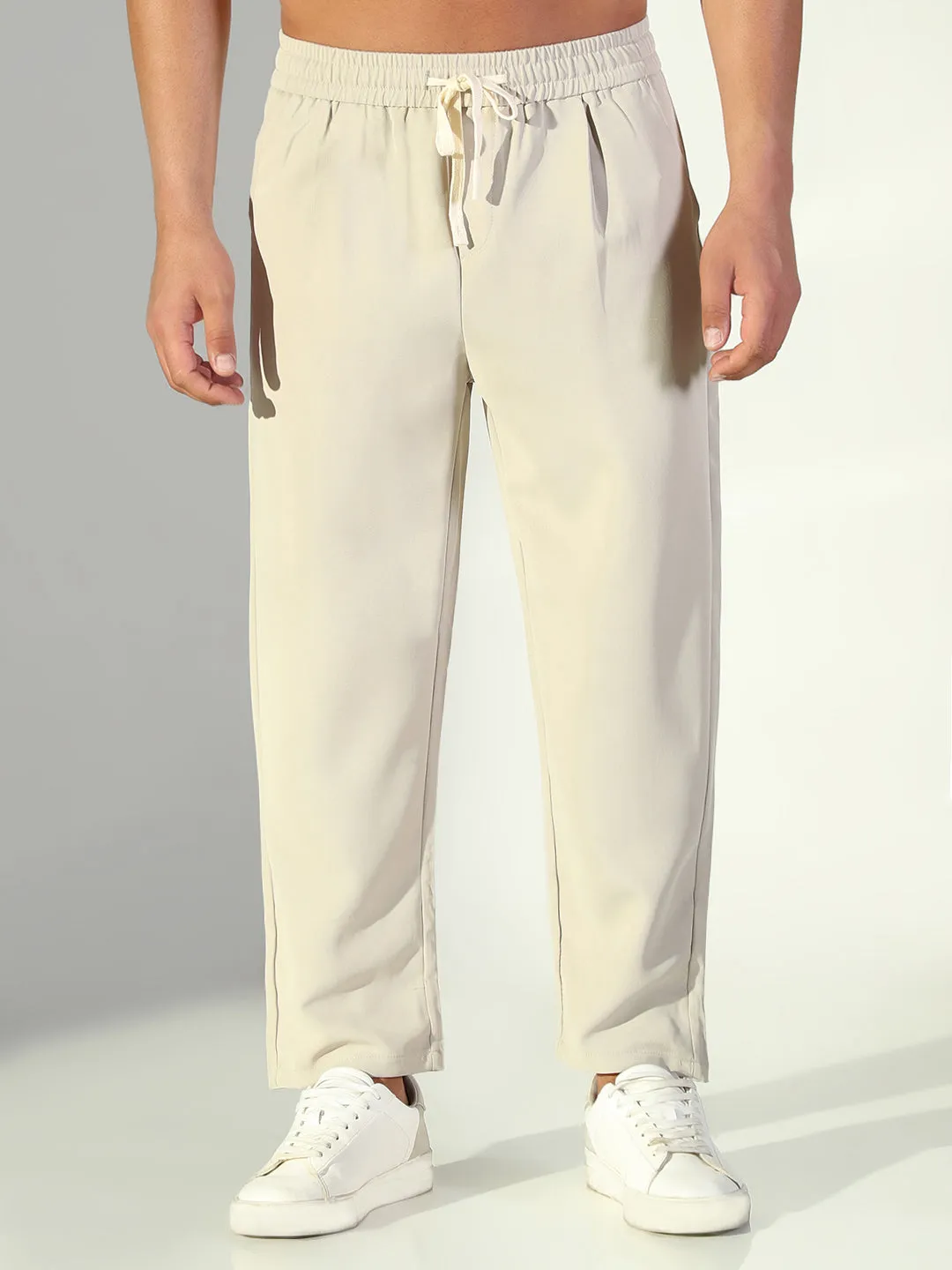 Seamless Waistband Men's Cream Solid Straight Fit Trousers