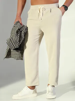 Men's Cream Solid Straight Fit Trousers High Stretch Fit
