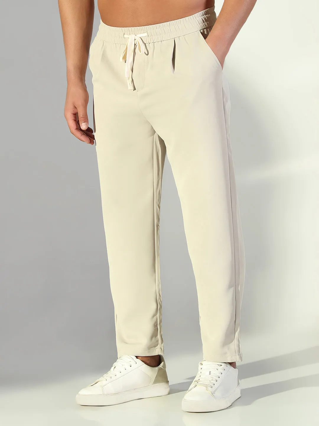 Men's Cream Solid Straight Fit Trousers Non Iron Technology