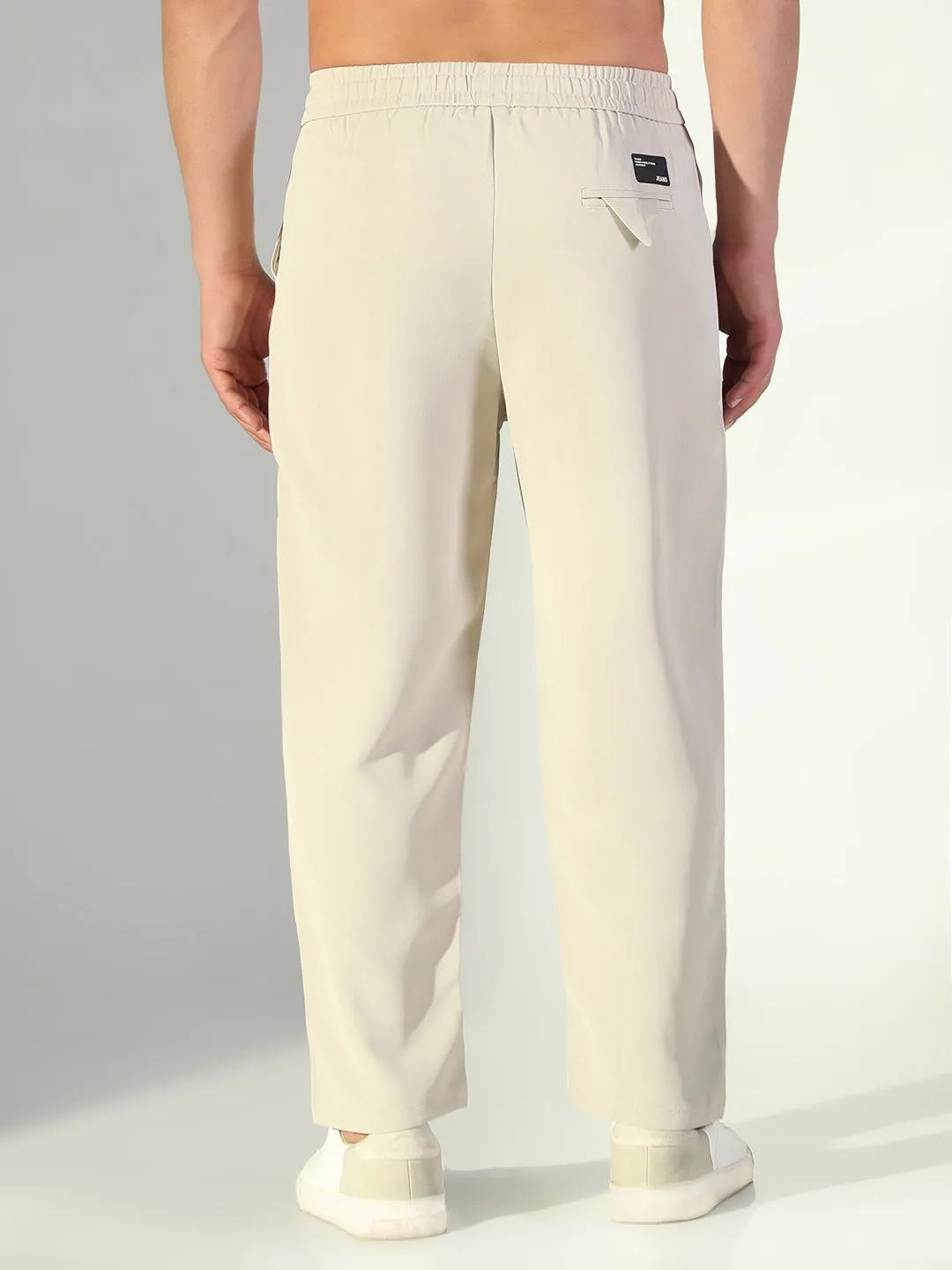 Men's Cream Solid Straight Fit Trousers All Season Versatility