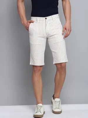 Flexible Side Panels Easy Movement Fit Men's Beige Striped Cotton Shorts