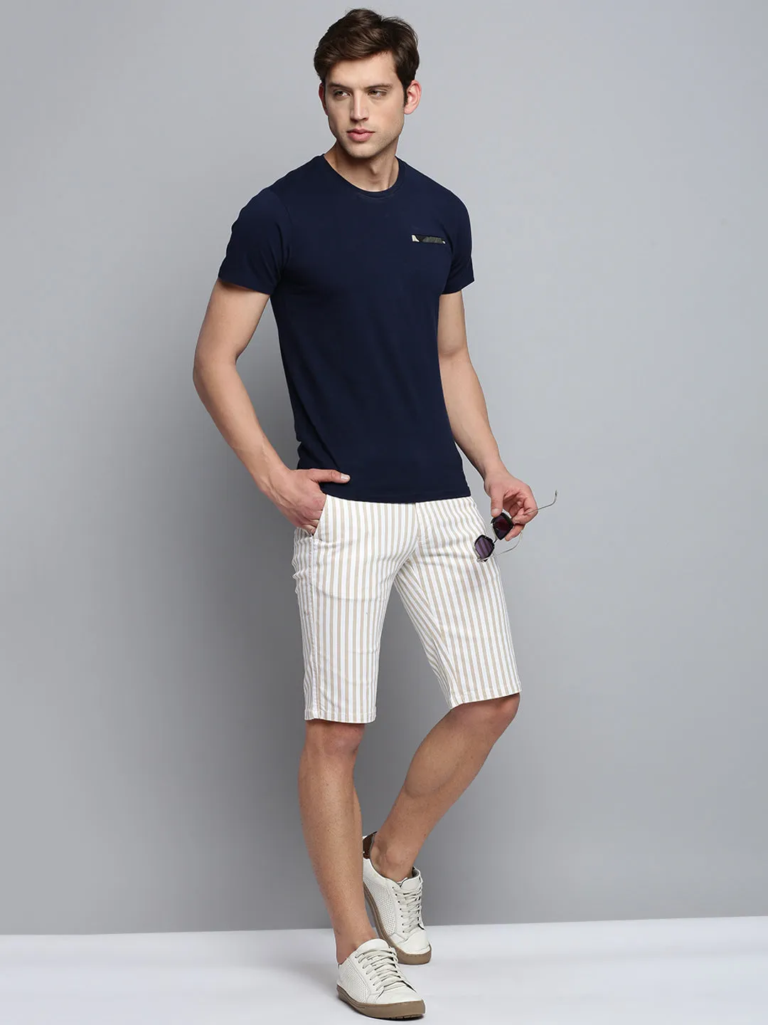 Men's Beige Striped Cotton Shorts Multi Panel Construction