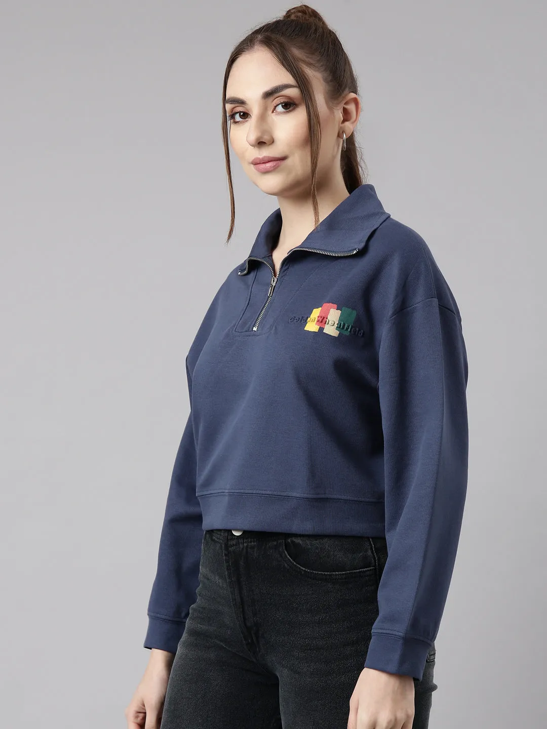 market demand Women's Blue Front Open Oversized Cotton Crop Sweatshirt